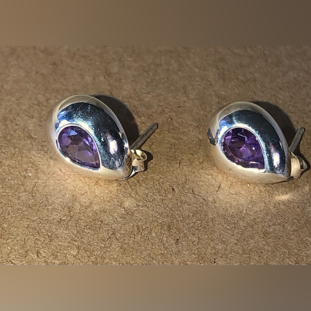.925 Sterling Silver & Faceted Amethyst Tear Drop Post Earrings